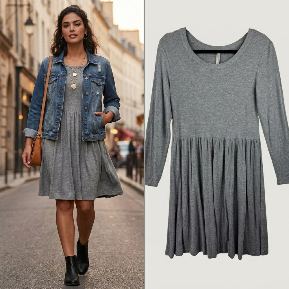 Hanna Andersson Fit Flare Dress Womens Small Grey Long Sleeve Scoop Empire Waist